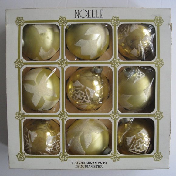 Noelle Holiday Noelle Glass Ornaments Box Of 9 Gold With White Stencil Christmas Balls Vtg
